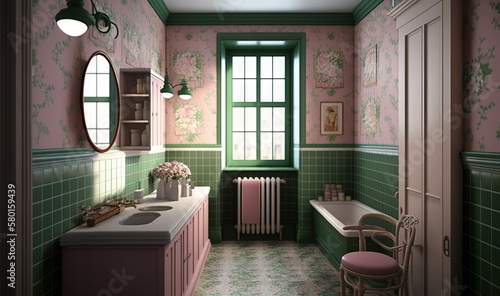  a green and pink bathroom with a sink, tub, and window.  generative ai © Anna
