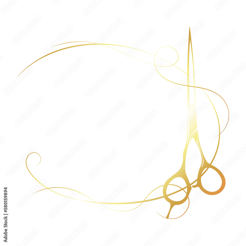 Golden scissors and a beautiful frame of curls of hair. Design for a beauty salon Golden scissors and a beautiful frame of curls of hair. Design for a beauty salon