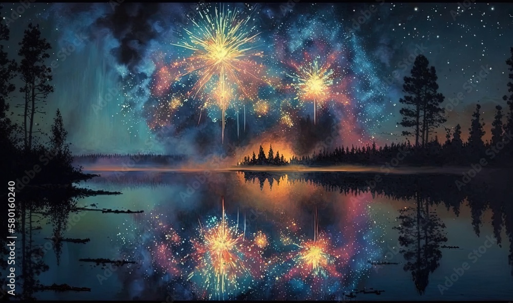  a painting of a fireworks over a lake at night time.  generative ai