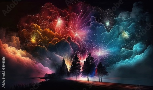  a painting of fireworks in the sky above a lake and trees. generative ai