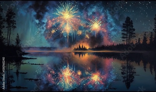  a painting of a fireworks over a lake at night time. generative ai