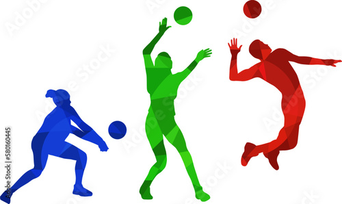 Set of silhouettes of volleyball players on white background. Isolated vector colored images. Abstract blue, green and red vector image of sportsmen.