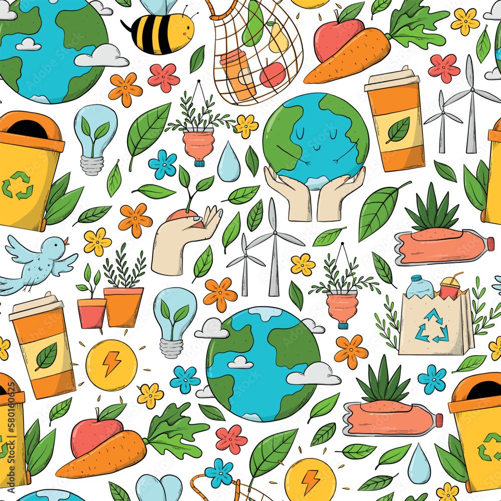 Ecological sustainability, zero waste, environment protection seamless pattern with doodles, clip art, etc. Good for wallpaper, packaging, wrapping paper, backgrounds, etc. EPS 10