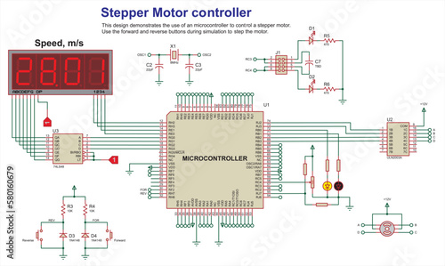 Schematic diagram of electronic device.
Vector drawing electrical circuit with button, resistor, motor, microcontroller, lcd display
and other electronic components.
