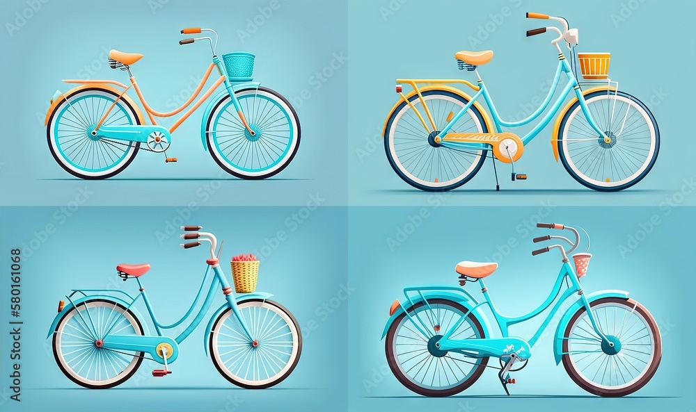 Fototapeta premium four different views of a blue bicycle with a basket and handlebars. generative ai