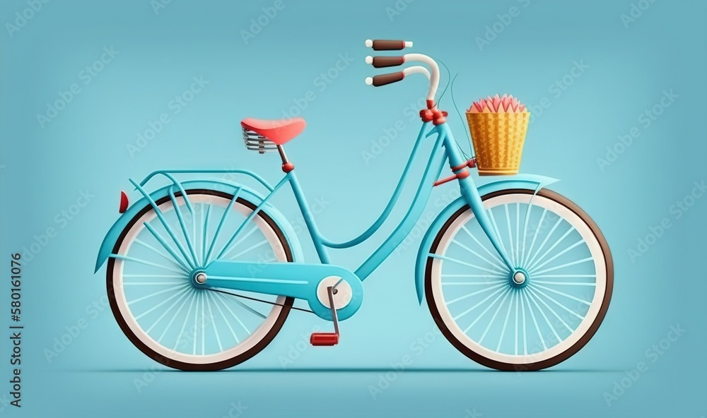  a blue bicycle with a basket of food on the front.  generative ai