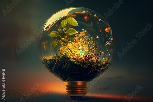 Bulb with tree for Saving environment. Green saving energy Tree Growing. Lightbulb with tree and green leaves. Seedlings growing as alternative energy. Electricity light lamp from solar. AI Generative