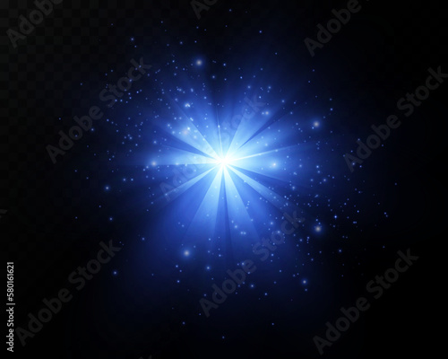 Blue star, on a black background, with small sparkles of stars. Starlight, glow effect and rays of light, glowing lights, sun.vector.