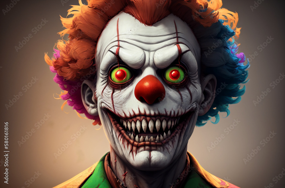 Zombie clown with creepy expression on face. Portrait of revived corpse in image of terrible jester. Generative AI.