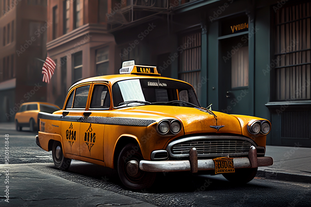 Fototapeta premium Taxis of New York City. Vintage yellow New York taxi, NYC, USA. yellow taxi taxi car on streets of New York.