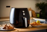 air fryer or oil free fryer appliance on the wooden table in the modern kitchen with fried fries and chicken on plates, illustration , GENERATIVE AI