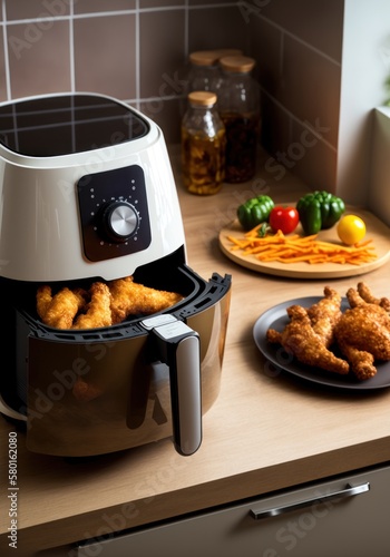 air fryer or oil free fryer appliance on the wooden table in the modern kitchen with fried fries and chicken on plates, illustration , GENERATIVE AI