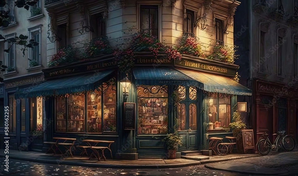 a painting of a street corner with a store front and a bicycle parked outside. generative ai a painting of a street corner with a store front and a bicycle parked outside. generative ai