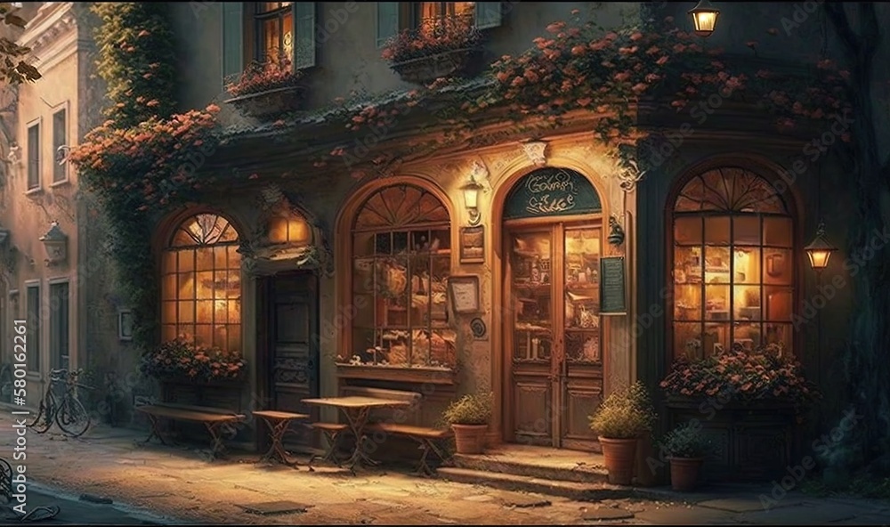  a painting of a restaurant with a bicycle parked outside of it.  generative ai