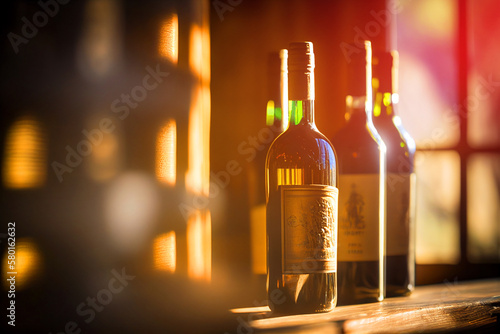 Wine bottles on wooden table in sun rays near vineyard farm. Wine bottles in old wine cellar. Vintage Wine bottle in wine storage. Ripe grapes in botle in mediterranean rural, Ai Generative