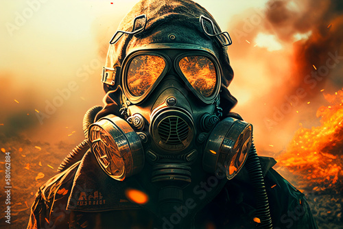 Gas mask on man during explosion. Chemical weapons against civil, destruction of houses and buildings. nuclear war concept. Nuclear explosion as a radioactivity result of world military conflict. AI