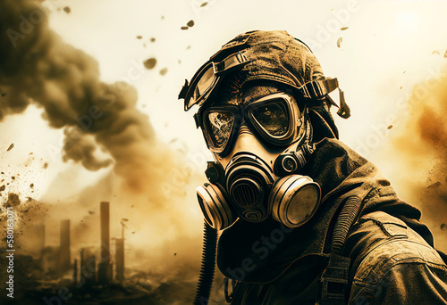 Gas mask on man during explosion. Chemical weapons against civil, destruction of houses and buildings. nuclear war concept. Nuclear explosion as a  radioactivity result of world military conflict. AI photo