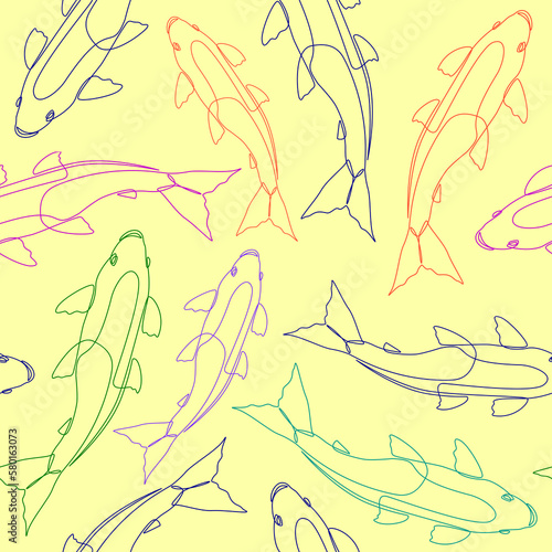 Seamless background with linear stylized drawing of Koi fish. Vector colorful contour fish. Endless pattern with fish