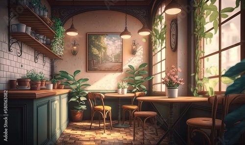 a painting of a kitchen with a table, chairs and potted plants. generative ai