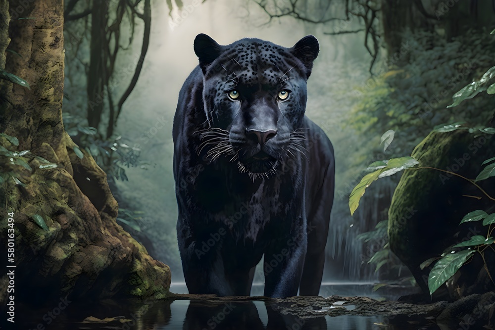 Black Panther in a jungle, Ai Generated animal  illustrations/backgrounds/wallpapers, Stock Illustration