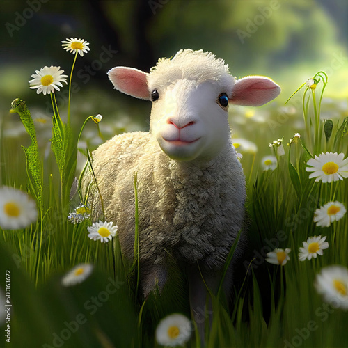 a sheep standing in the grass with daies around it's neck and eyes are looking at the camera photo