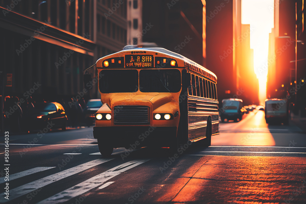 School bus in New York on road streen in Manhattan. Student transportation to classroom. Usa school bus in yellow, ai generative illustration