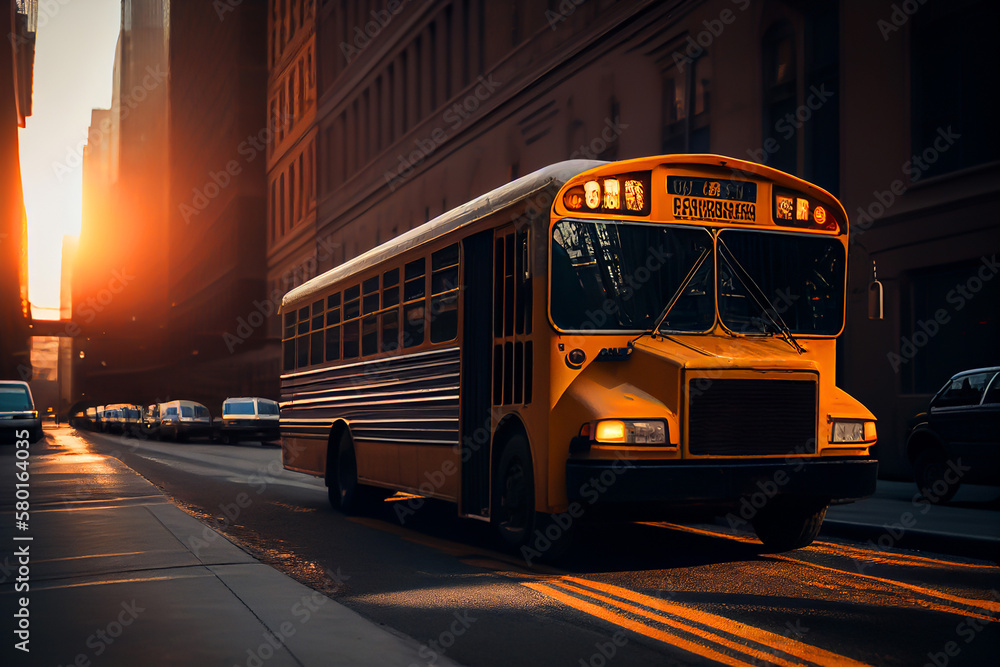 School bus in New York on road streen in Manhattan. Student transportation to classroom. Usa school bus in yellow, ai generative illustration