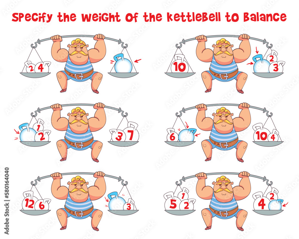 Math puzzle. Specify the weight of the kettlebell to balance. Educational game for children. Choose correct answer. Colorful cartoon characters. Funny vector illustration. Isolated white background Math puzzle. Specify the weight of the kettlebell to balance. Educational game for children. Choose correct answer. Colorful cartoon characters. Funny vector illustration. Isolated white background