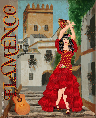 Flamenco dancer girl with guitar, sp4nish city card, vector illustration