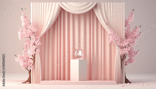 Realistic 3D render blank empty pastel pink podium with cherry blossom flower bouquet and blowing white curtain. Beauty products display, Backdrop, Advertising, Space, Foliage, Shadow, Sunlight