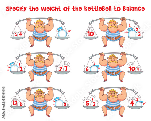 Math puzzle. Specify the weight of the kettlebell to balance. Educational game for children. Choose correct answer. Colorful cartoon characters. Funny vector illustration. Isolated white background