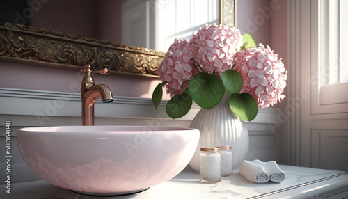 Realistic 3D render close up top view elegant bathroom vanity countertop with white ceramic wash basin and faucet, beautiful pink hydrangea. Morning sunlight, Blank space for beauty product display