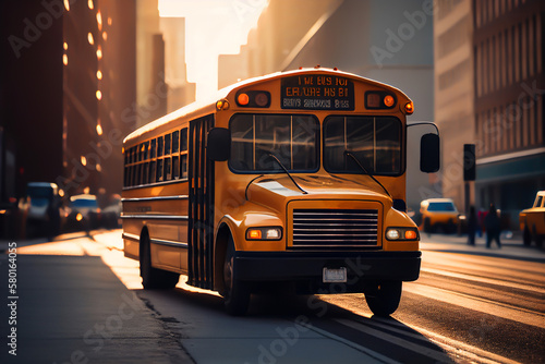 School bus in New York on road streen in Manhattan. Student transportation to classroom. Usa school bus in yellow, ai generative illustration photo