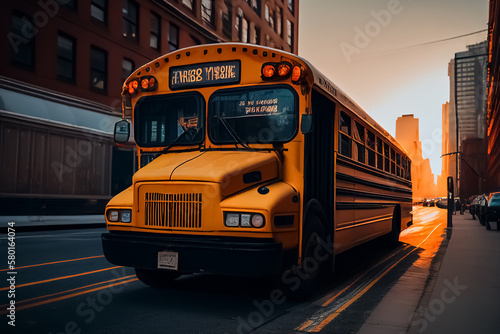 School bus in New York on road streen in Manhattan. Student transportation to classroom. Usa school bus in yellow  ai generative illustration