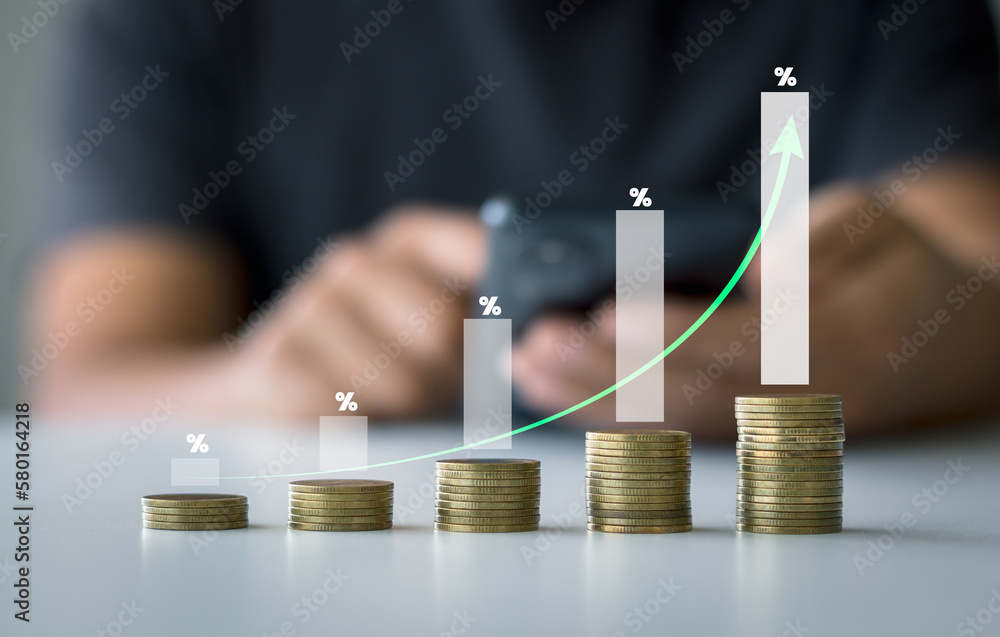 Interest rate and dividend concept, Business people calculate income and return on investment in percentages. stock market, investment, dividend tax, income, return, retirement, and compensation fund. - obrazy, fototapety, plakaty 