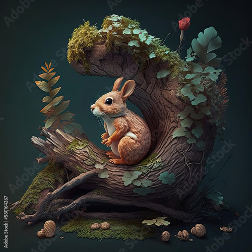 a squirrel sitting on top of a tree stump with leaves and flowers around it, in front of a dark green background
