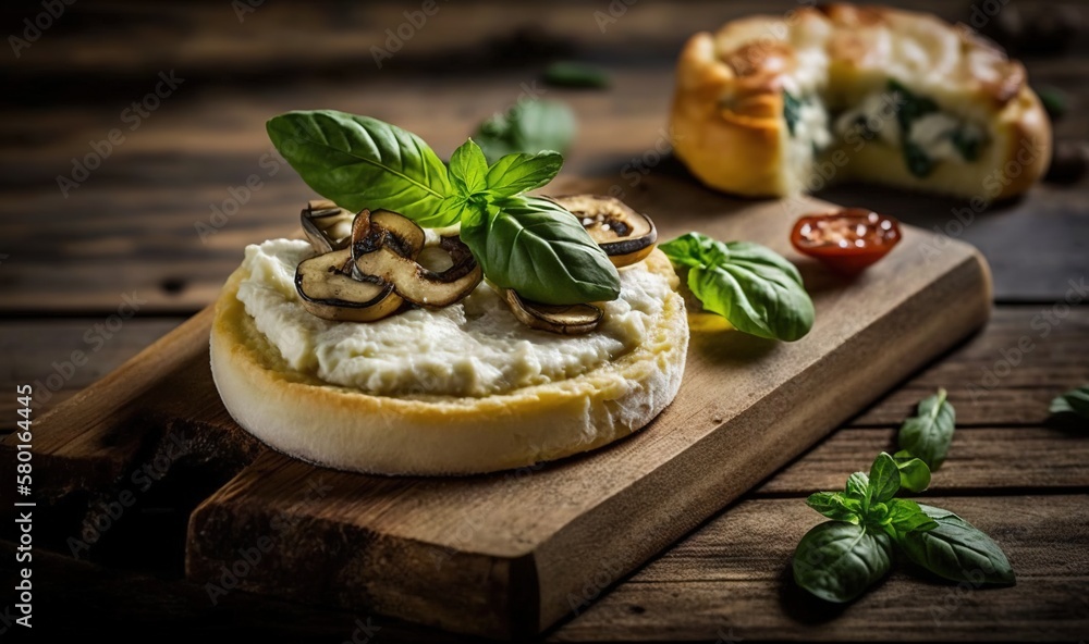 a wooden cutting board topped with a piece of bread covered in cheese and mushrooms. generative ai a wooden cutting board topped with a piece of bread covered in cheese and mushrooms. generative ai