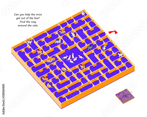 Best labyrinths. Can you help the mice get out of the box? Find a way around the cats. Logic puzzle game. Brain teaser book with maze. Educational page for children. Play online. Vector illustration. photo