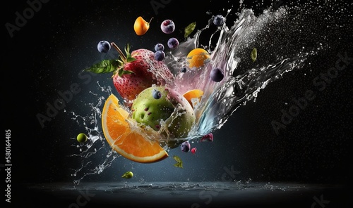  a fruit splashing out of water onto a black background. generative ai