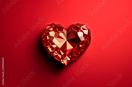 Crystal ruby heart on a red background with copy space, banner, flat lay, top view. Generative AI content