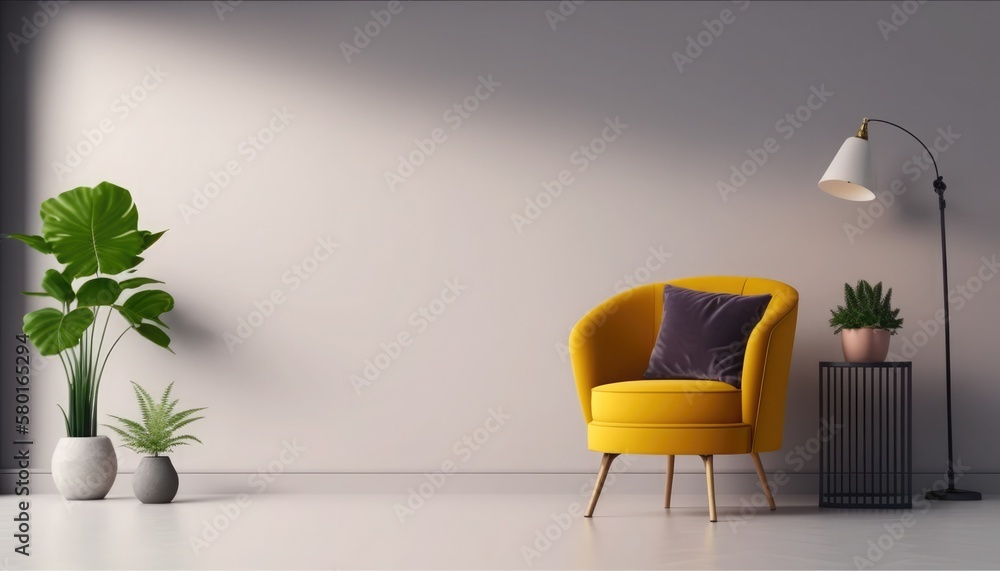 Living room with yellow armchair have wooden table, lamps with wall background Living room with yellow armchair have wooden table, lamps with wall background