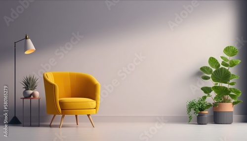Living room with yellow armchair have wooden table  lamps with wall background