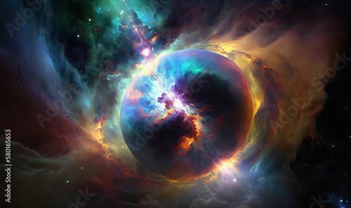  a very colorful space with a very big ball of light. generative ai