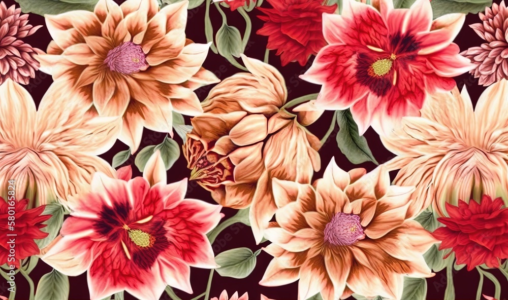 a floral pattern with red and yellow flowers on a black background. generative ai a floral pattern with red and yellow flowers on a black background. generative ai