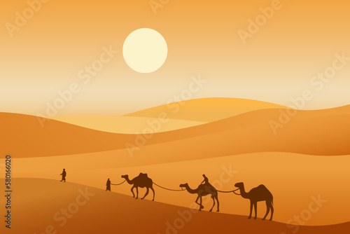 Camel caravan passing through the desert. African landscape. You can use for islamic background  banner  poster  website  social and print media. Vector illustration.