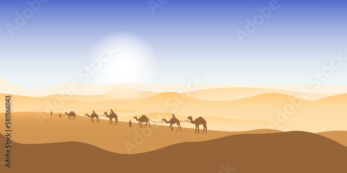 Camel caravan passing through the desert. African landscape. You can use for islamic background  banner  poster  website  social and print media. Vector illustration.