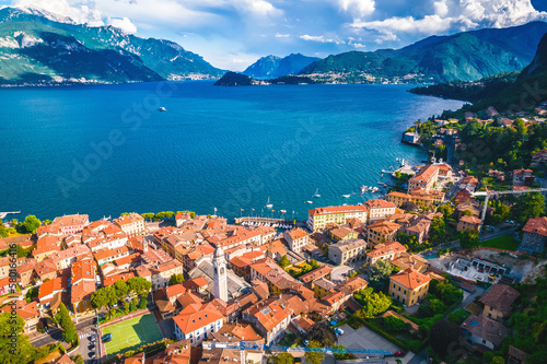 Como Lake and town of Menaggio waterfront aerial view