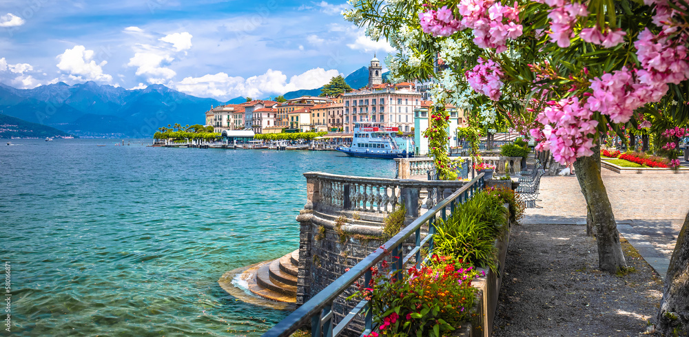 Town of Bellagio Lungolago Europa famous flower lakefront panoramic view, Como Lake