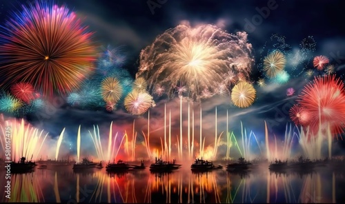  a colorful fireworks display over a body of water with boats.  generative ai © Olga