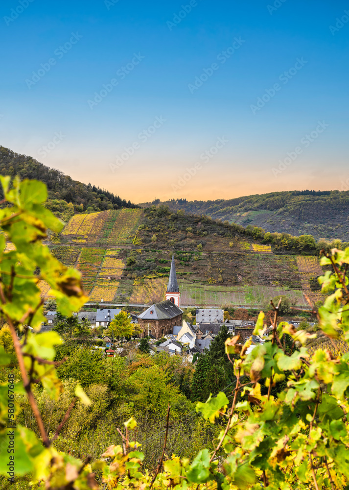 Bruttig-Fankel village houses, church and steep vineyards during autumn in Cochem-Zell, Germany